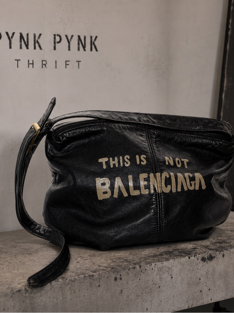 Balenciaga 'This Is Not Balenciaga' Black Leather Shoulder Bag (Hand Painted!!)